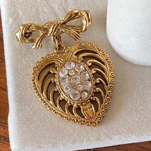 1928 Gold Heart Brooch with Crystal Accents